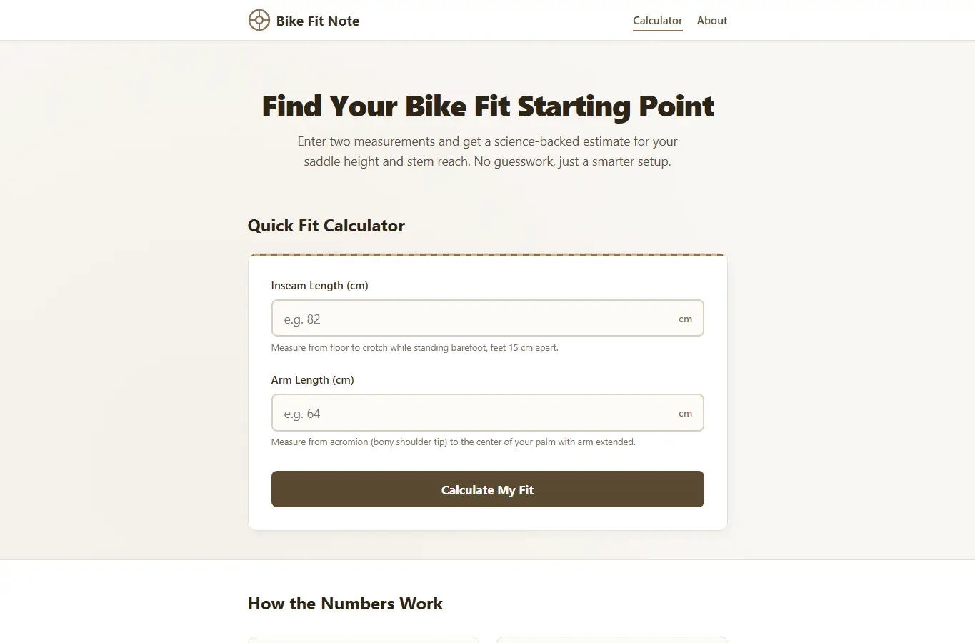 Screenshot of Bike Fit Note Calculator interface showing the project page in use